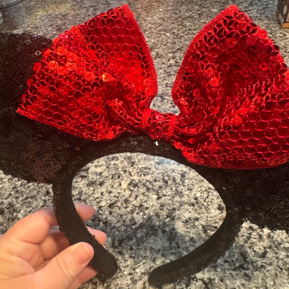 Disney Black Sequin Minnie Ears Headband with Red Sequin Bow - Picture 2 of 3